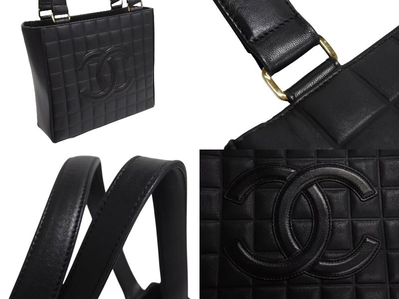 CHANEL Chanel Matelasse Chocolate Bar Tote Bag Handbag Coco Mark No. 7 Lambskin Black Gold Hardware Good Condition Used 4b001719