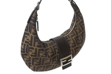 画像をギャラリービューアに読み込む, FENDI フェンディ ハーフムーン マンマバケット ワンショルダーバッグ ズッカ柄 ブラウン キャンバス レザー 美品 中古 4b001877