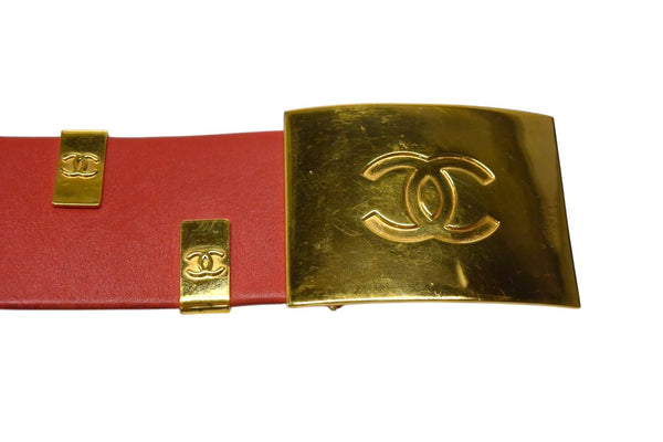 CHANEL Leather Belt Size 75/30 29 Stamp Coco Mark Leather Metal GP Gold Red Good Condition Used 4b001989