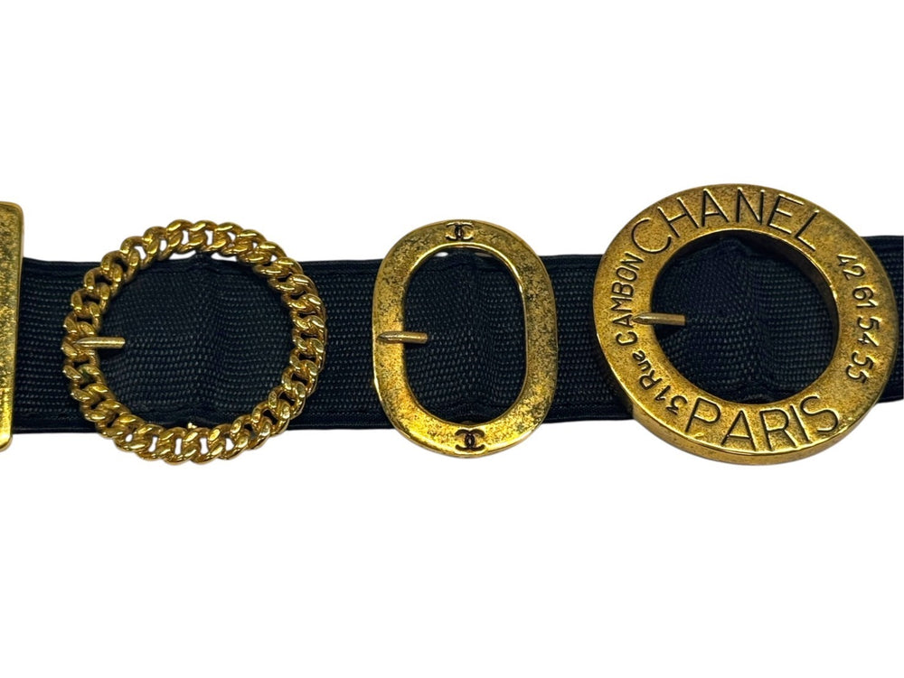 CHANEL Chanel Coco Mark Belt Buckle Engraving Belt CHANEL PARIS Rue Cambon Gold Black Good Condition Used 4b001994