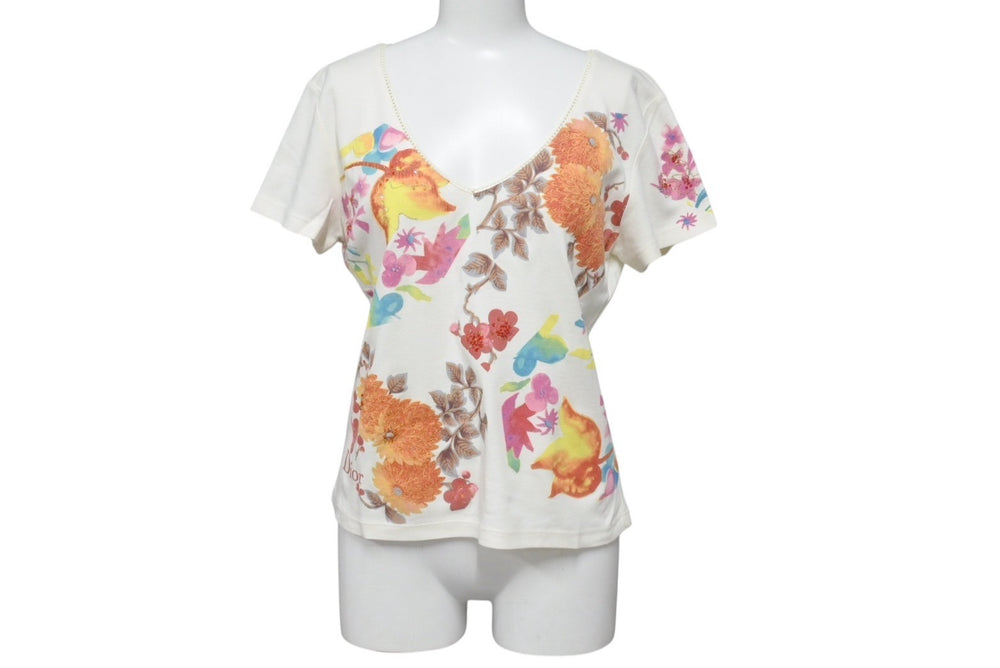 CHRISTIAN DIOR Floral print V-neck short sleeve T-shirt 6P16155471 Ivory Multicolor Size 40 Good Condition Used 4b002000