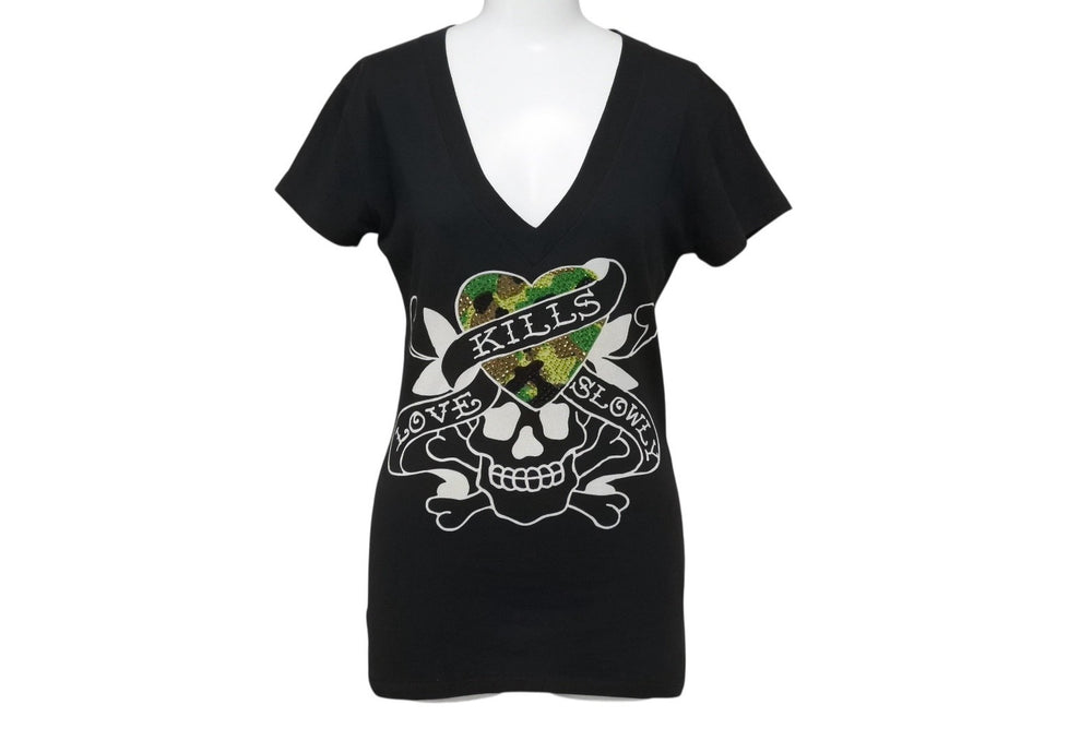 Ed Hardy LOVE KILLS SLOWLY Short Sleeve T-shirt Size XS Cotton Rhinestone Black Good Condition Used 4b002005