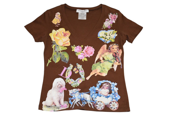 極美品 Christian Dior クリスチャンディオール Vネック半袖Tシャツ 5A16155591 サイズ40 マルチプリント ブラウン ガリアーノ期 中古 4b002054