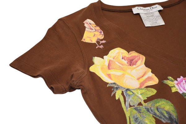 極美品 Christian Dior クリスチャンディオール Vネック半袖Tシャツ 5A16155591 サイズ40 マルチプリント ブラウン ガリアーノ期 中古 4b002054