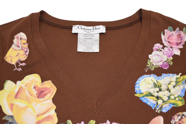 極美品 Christian Dior クリスチャンディオール Vネック半袖Tシャツ 5A16155591 サイズ40 マルチプリント ブラウン ガリアーノ期 中古 4b002054