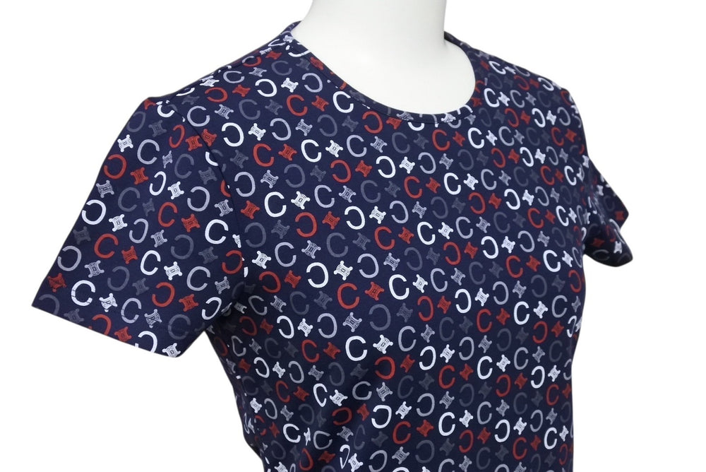 Very Good Condition CELINE Short Sleeve T-shirt Chibi T Macadam Pattern Cotton Spandex Navy White Red Size S Used 4b002059