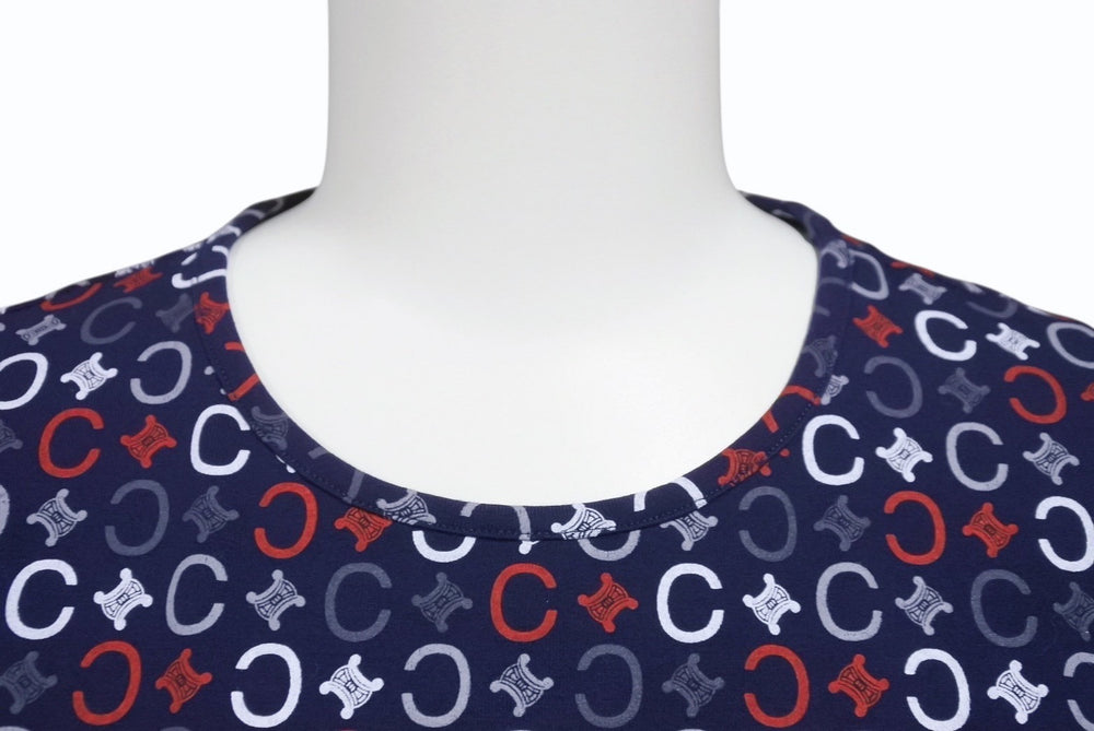 極美品 CELINE セリーヌ 半袖Tシャツ チビT マカダム柄 コットン スパンデックス ネイビー ホワイト レッド サイズS 中古 4b002059