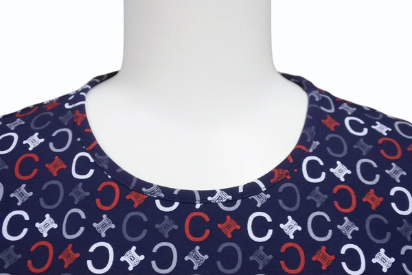 Very Good Condition CELINE Short Sleeve T-shirt Chibi T Macadam Pattern Cotton Spandex Navy White Red Size S Used 4b002059