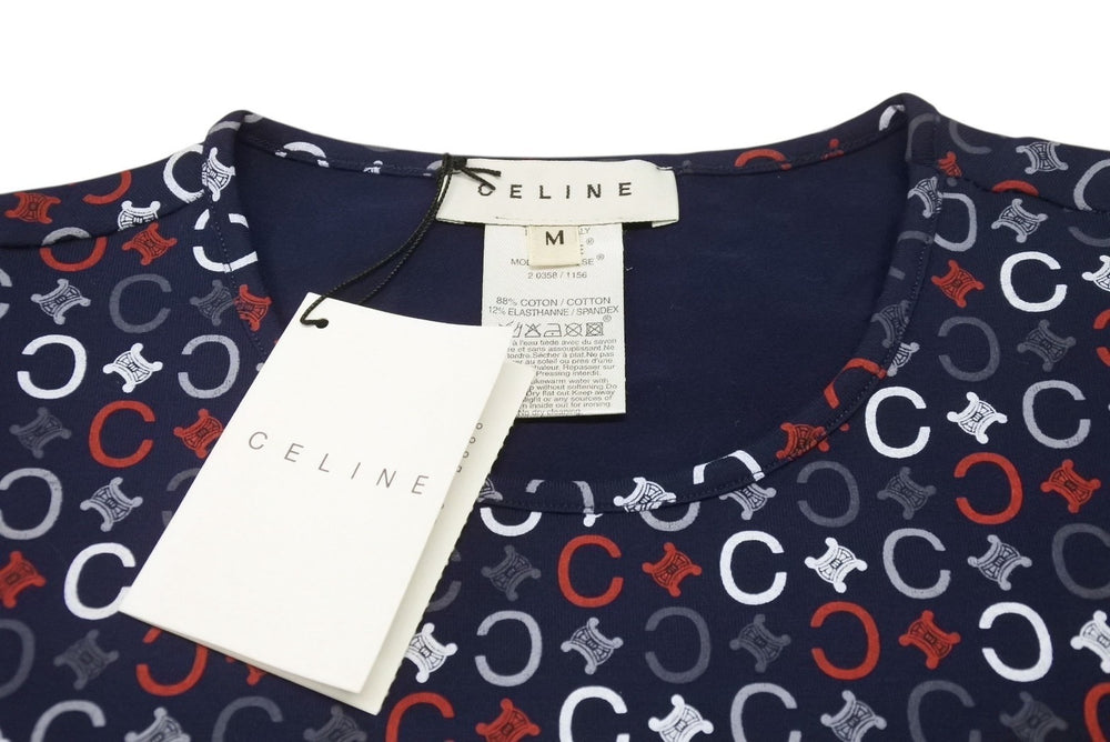 極美品 CELINE セリーヌ 半袖Tシャツ チビT マカダム柄 コットン スパンデックス ネイビー ホワイト レッド サイズS 中古 4b002059