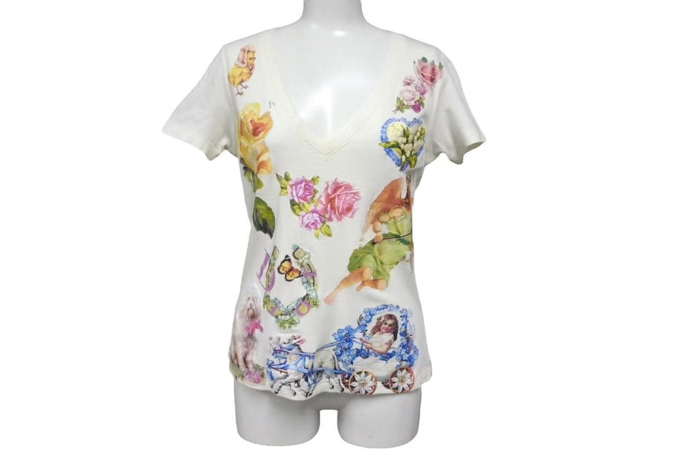 Christian Dior Romantic Short Sleeve T-shirt V-neck Angel Flower Dog Print White John Galliano Good Used 4b002085