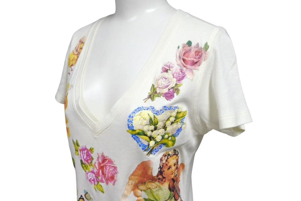 Christian Dior クリスチャンディオール ロマンティック 半袖Ｔシャツ Vネック 天使 花 犬 プリント ホワイト ジョンガリアーノ 良品 中古 4b002085