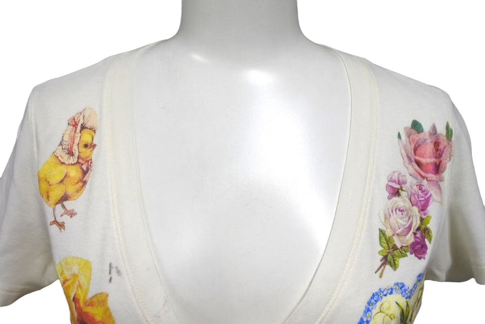 Christian Dior クリスチャンディオール ロマンティック 半袖Ｔシャツ Vネック 天使 花 犬 プリント ホワイト ジョンガリアーノ 良品 中古 4b002085