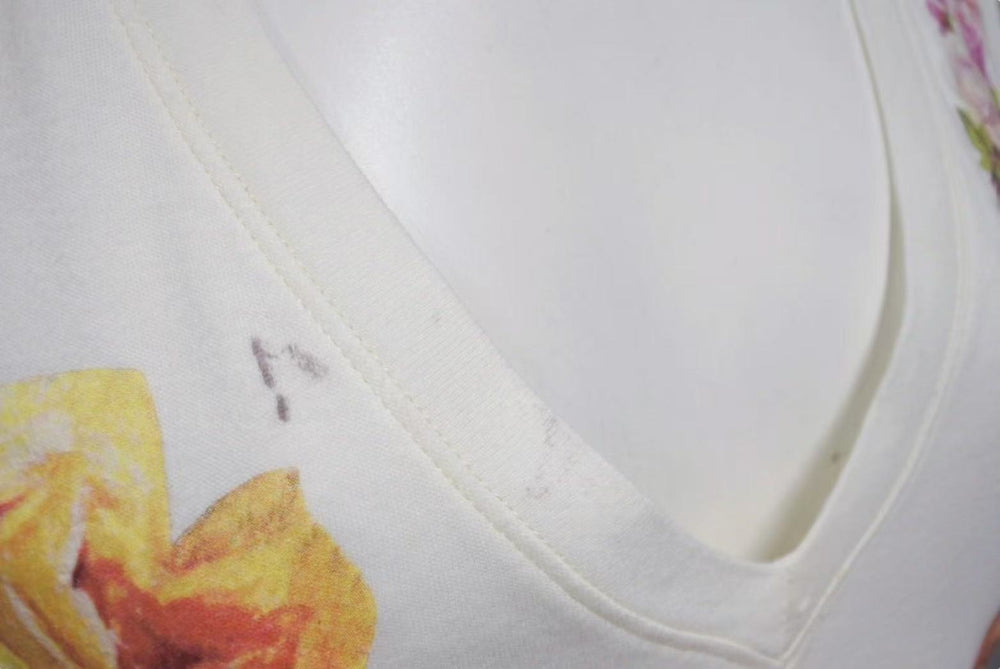 Christian Dior クリスチャンディオール ロマンティック 半袖Ｔシャツ Vネック 天使 花 犬 プリント ホワイト ジョンガリアーノ 良品 中古 4b002085