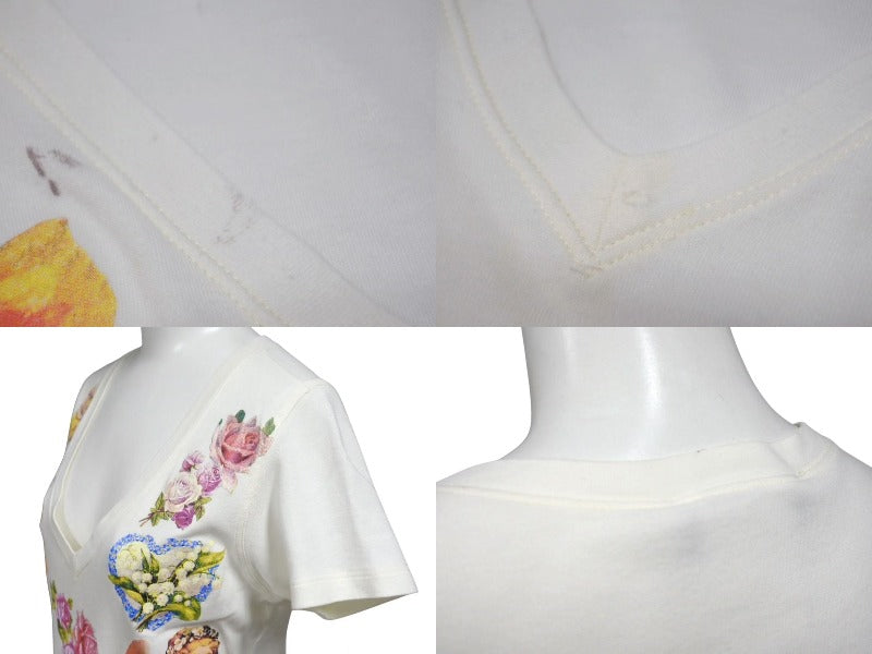 Christian Dior クリスチャンディオール ロマンティック 半袖Ｔシャツ Vネック 天使 花 犬 プリント ホワイト ジョンガリアーノ 良品 中古 4b002085