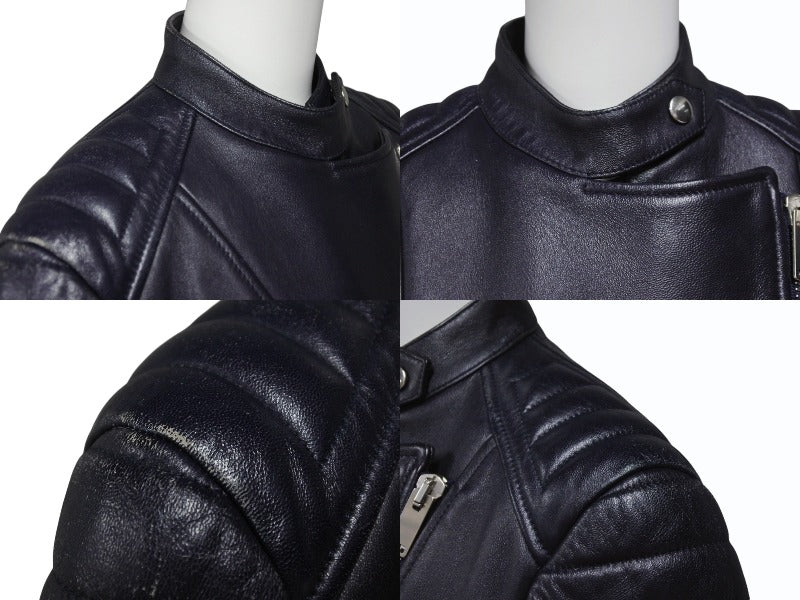 CELINE セリーヌ シープスキン レザージャケット フィービー期 ライダースジャケット 2 5H99/4533 ネイビー サイズ 36 中古 4b002086