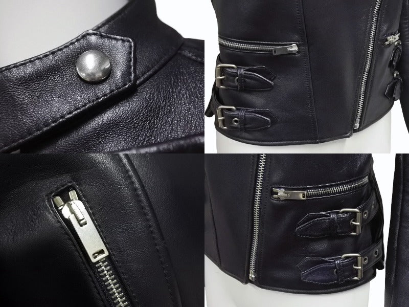 CELINE セリーヌ シープスキン レザージャケット フィービー期 ライダースジャケット 2 5H99/4533 ネイビー サイズ 36 中古 4b002086