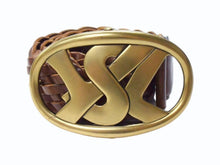 Load image into Gallery viewer, YVES SAINT LAURENT イヴサンローラン YSL ロゴ バックル ベルト ブラウン レザー メッシュ 141516 ゴールド金具 小物 美品 中古 4b002234