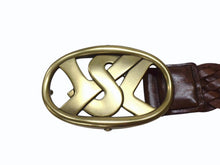 Load image into Gallery viewer, YVES SAINT LAURENT イヴサンローラン YSL ロゴ バックル ベルト ブラウン レザー メッシュ 141516 ゴールド金具 小物 美品 中古 4b002234