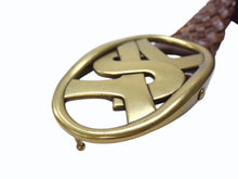Load image into Gallery viewer, YVES SAINT LAURENT イヴサンローラン YSL ロゴ バックル ベルト ブラウン レザー メッシュ 141516 ゴールド金具 小物 美品 中古 4b002234