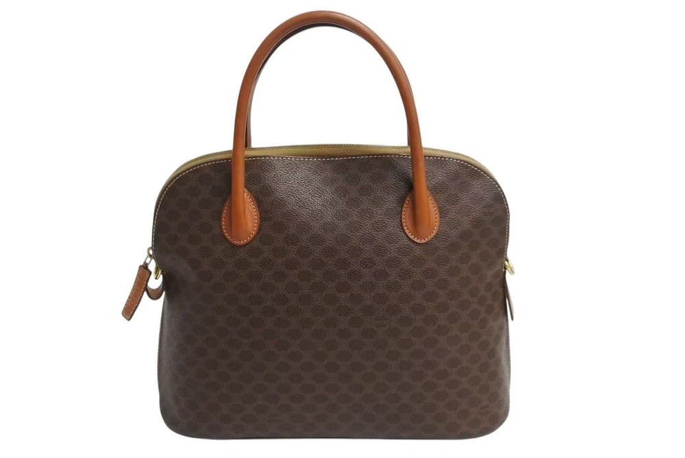 CELINE セリーヌ マカダム柄 ハンドバッグ ロゴ ゴールド金具 PVC レザー ブラウン 茶色 手持ち 鞄 美品 中古 4b002261