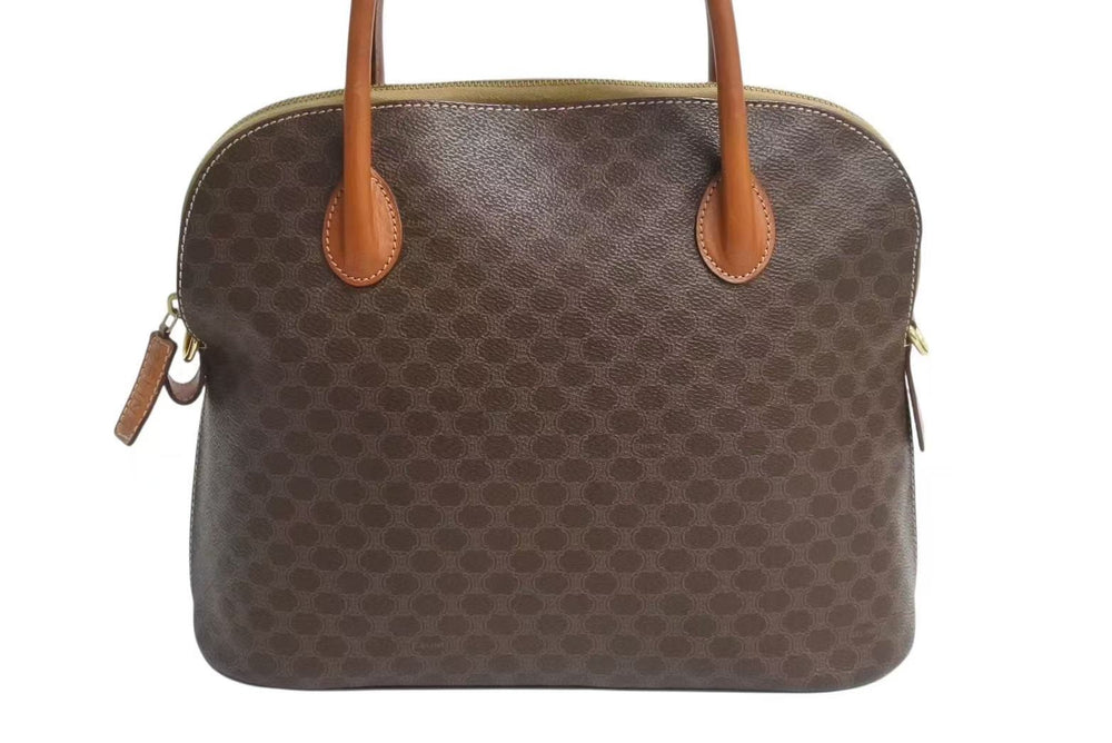CELINE セリーヌ マカダム柄 ハンドバッグ ロゴ ゴールド金具 PVC レザー ブラウン 茶色 手持ち 鞄 美品 中古 4b002261