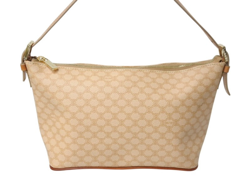 CELINE セリーヌ ハンドバッグ マカダム ロゴ ヴィンテージ ベージュ ロゴ PVC レザー 鞄 ゴールド金具 美品 中古 4b002412