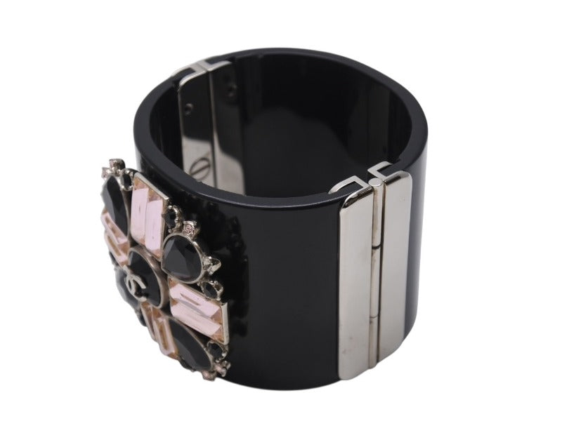 CHANEL Cocomark Bangle Bracelet 08C Engraved Plastic Metal Black Rhinestone Pink Silver Hardware Good Condition Used 4b002439
