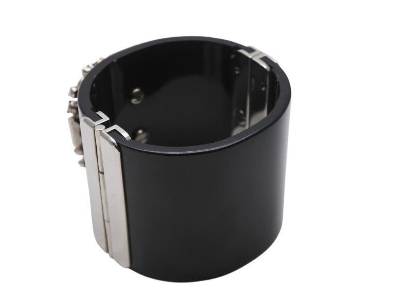 CHANEL Cocomark Bangle Bracelet 08C Engraved Plastic Metal Black Rhinestone Pink Silver Hardware Good Condition Used 4b002439