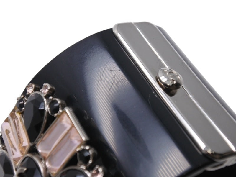 CHANEL Cocomark Bangle Bracelet 08C Engraved Plastic Metal Black Rhinestone Pink Silver Hardware Good Condition Used 4b002439