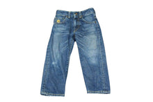 Load image into Gallery viewer, BAPE KIDS ベイプキッズ デニムストレートパンツ 100サイズ ロゴプリント ダークブルー ホワイト コットン 美品 中古 4b002461
