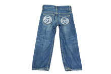 Load image into Gallery viewer, BAPE KIDS ベイプキッズ デニムストレートパンツ 100サイズ ロゴプリント ダークブルー ホワイト コットン 美品 中古 4b002461
