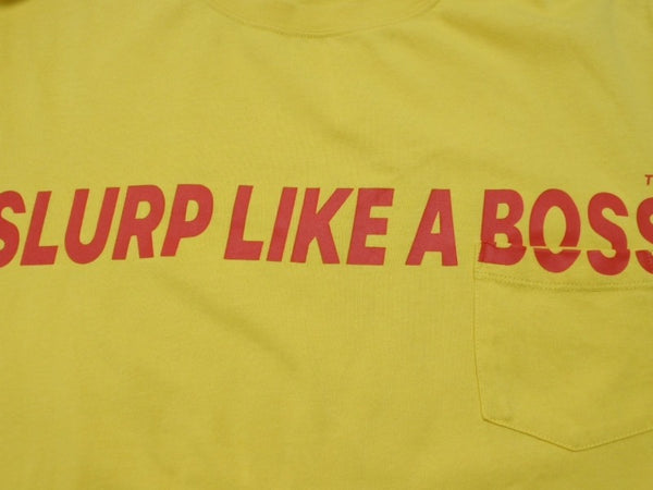 MASHI NO MASHI TOKYO マシのマシの東京 SLURP LIKE A BOSS プリント ポケットＴシャツ コットン イエロー サイズL 美品 中古 4b002526