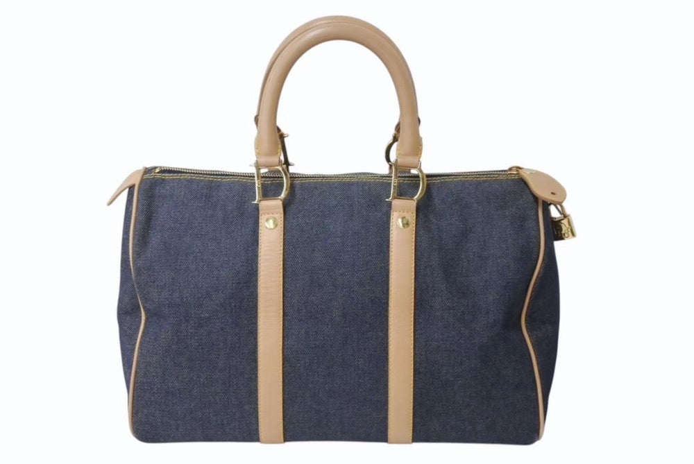 CHRISTIAN DIOR クリスチャンディオール デニム ハンドバッグ ボストン型 PZ 1201 キャンバス レザー ブルー ブラウン 美品 中古 4b002551