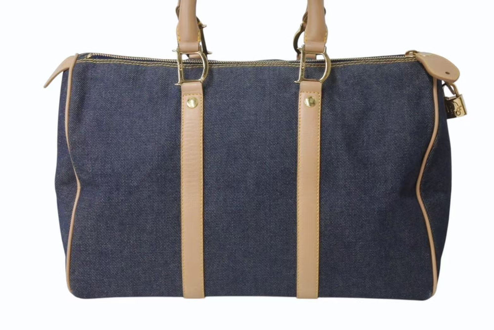 CHRISTIAN DIOR クリスチャンディオール デニム ハンドバッグ ボストン型 PZ 1201 キャンバス レザー ブルー ブラウン 美品 中古 4b002551