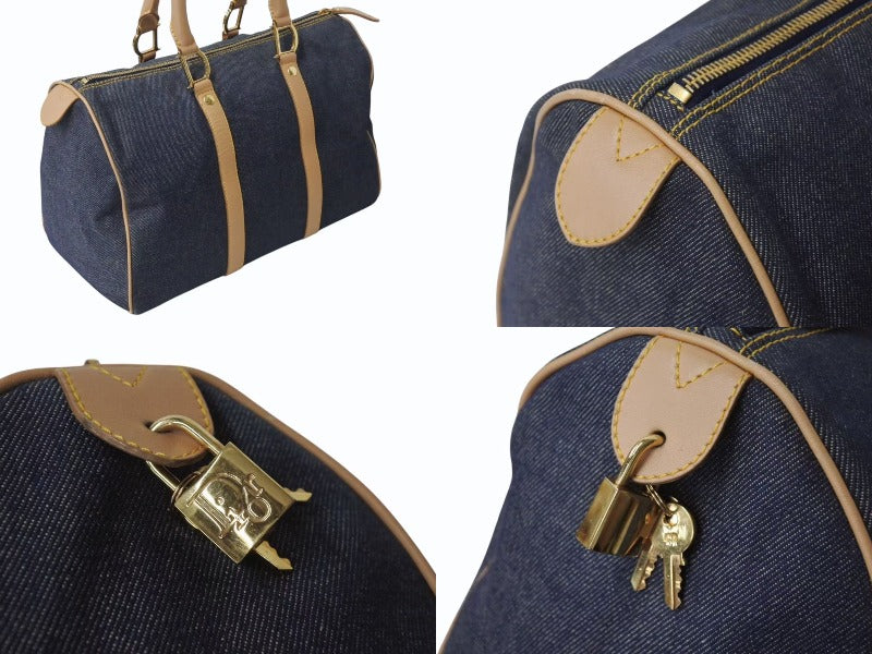 CHRISTIAN DIOR クリスチャンディオール デニム ハンドバッグ ボストン型 PZ 1201 キャンバス レザー ブルー ブラウン 美品 中古 4b002551