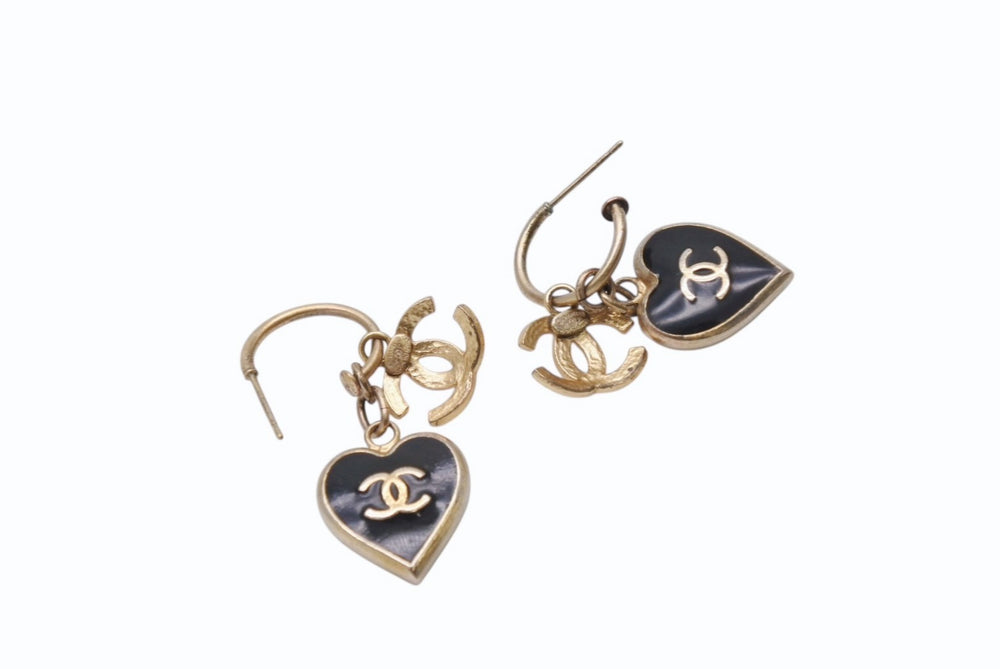 CHANEL シャネル ぶら下がりピアス 重量約13.5g 02P刻印 ココマーク ハート メタル GP ゴールド ブラック 美品 中古 4b002790