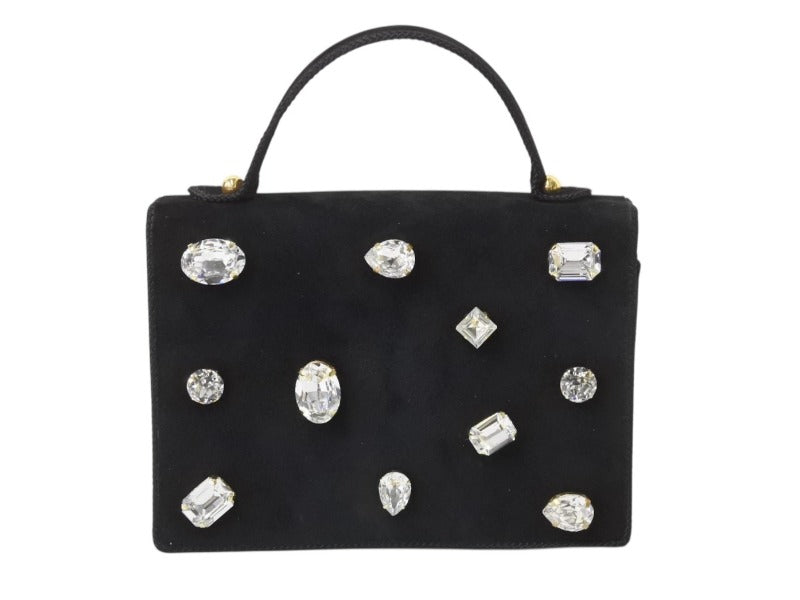 BALENCIAGA バレンシアガ ビジュー ラインストーン ミニハンドバッグ スウェード ビジュー ブラック ゴールド金具 美品 中古 4b002844