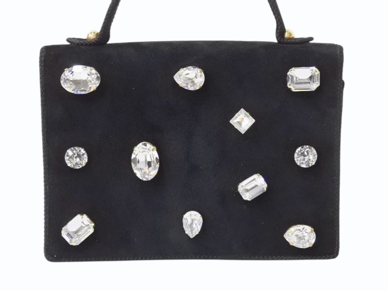 BALENCIAGA バレンシアガ ビジュー ラインストーン ミニハンドバッグ スウェード ビジュー ブラック ゴールド金具 美品 中古 4b002844