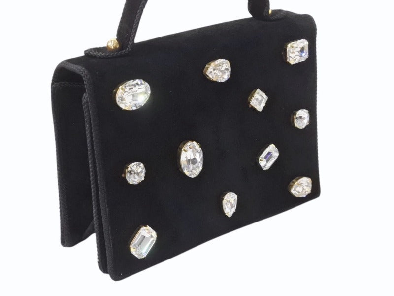 BALENCIAGA バレンシアガ ビジュー ラインストーン ミニハンドバッグ スウェード ビジュー ブラック ゴールド金具 美品 中古 4b002844