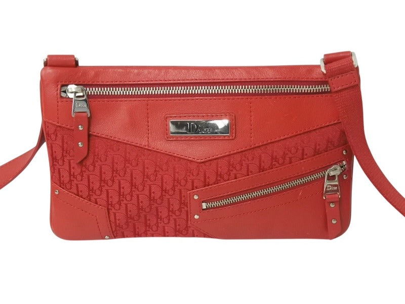 CHRISTIAN DIOR クリスチャンディオール ショルダーバッグ トロッター B0 A 1003 キャンバス レザー レッド シルバー金具 美品 中古 4b002864