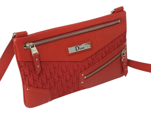 CHRISTIAN DIOR クリスチャンディオール ショルダーバッグ トロッター B0 A 1003 キャンバス レザー レッド シルバー金具 美品 中古 4b002864