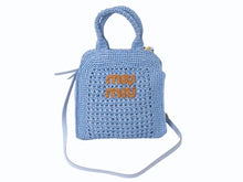 Load image into Gallery viewer, 極美品 MIUMIU ミュウミュウ ラフィア クロシェファブリック 2WAY ハンドバッグ ブルー レーヨン レザー ショルダー 5BA283 ゴールド金具 中古 4b002865