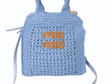 Load image into Gallery viewer, 極美品 MIUMIU ミュウミュウ ラフィア クロシェファブリック 2WAY ハンドバッグ ブルー レーヨン レザー ショルダー 5BA283 ゴールド金具 中古 4b002865