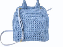 Load image into Gallery viewer, 極美品 MIUMIU ミュウミュウ ラフィア クロシェファブリック 2WAY ハンドバッグ ブルー レーヨン レザー ショルダー 5BA283 ゴールド金具 中古 4b002865