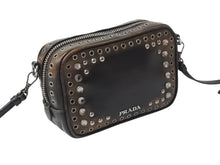 画像をギャラリービューアに読み込む, PRADA プラダ ビジュー ロゴ レザー ミニ ショルダーバッグ ブラウン ハトメ ラインストーン スタッズ シルバー金具 美品 中古 4b002867