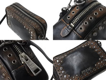 画像をギャラリービューアに読み込む, PRADA プラダ ビジュー ロゴ レザー ミニ ショルダーバッグ ブラウン ハトメ ラインストーン スタッズ シルバー金具 美品 中古 4b002867