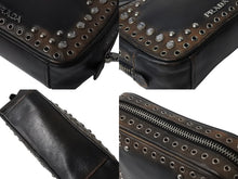 画像をギャラリービューアに読み込む, PRADA プラダ ビジュー ロゴ レザー ミニ ショルダーバッグ ブラウン ハトメ ラインストーン スタッズ シルバー金具 美品 中古 4b002867