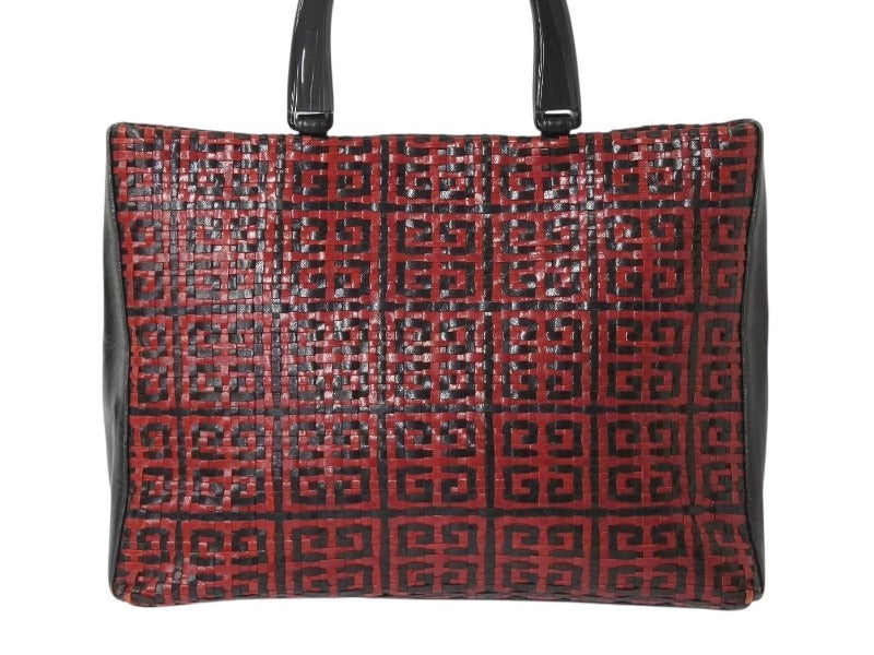 Givenchy ジバンシー 編みこみ ロゴ ハンドバッグ ゴートレザー プラスチック シルバー金具 手持ち 鞄 ブラック レッド 美品 中古 4b002902