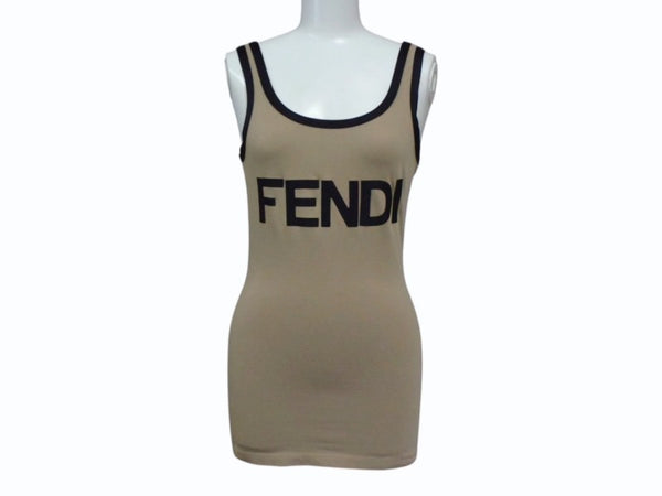 FENDI フェンディ タンクトップ ノースリーブ サイズ40 ロゴプリント コットン スパンデックス ベージュ ブラック 美品 中古 4b002930