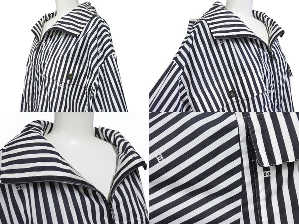 新品同様品 CHANEL シャネル ストライプ 24年 アノラック メンズ ココマーク ジャケット P76215 サイズ36 ブラック ホワイト 中古 4b002941